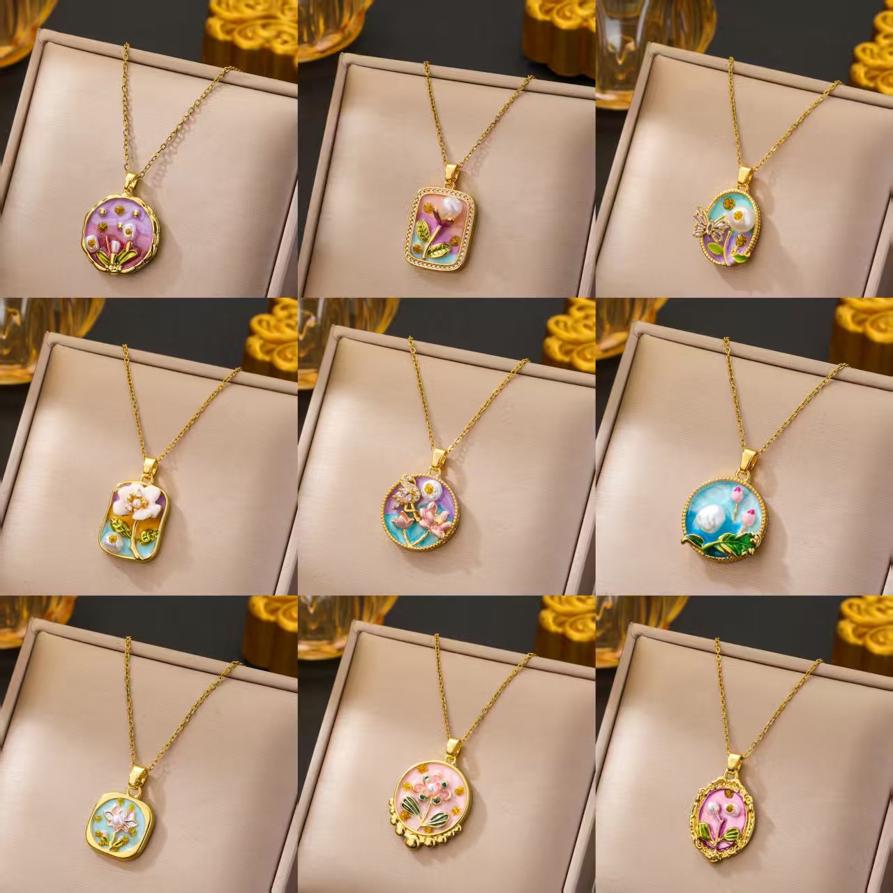 Oil Painting Flower Pendant Necklace